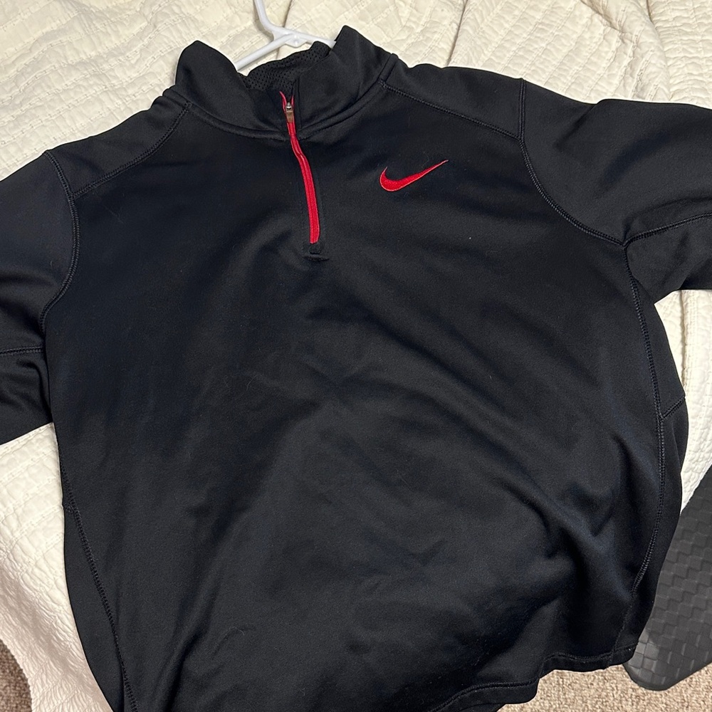Nike Men's Black Zip-Up Sweater with Red Details